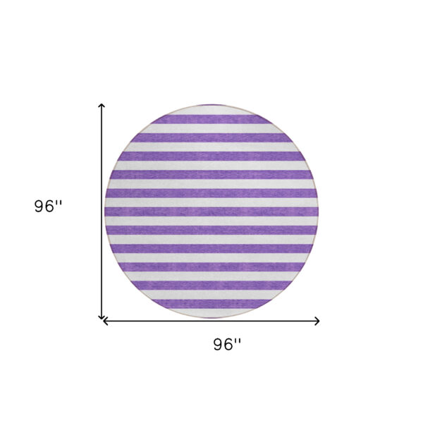 8' Round Purple and White Round Striped Washable Non Skid Indoor Outdoor Area Rug