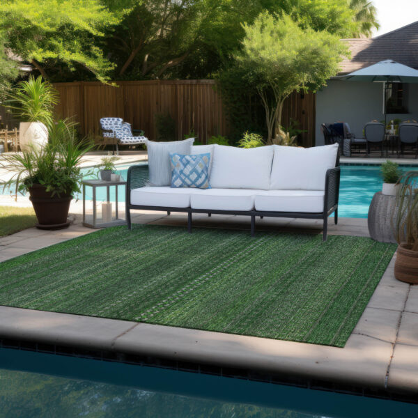 10' X 14' Fern Green Striped Washable Non Skid Indoor Outdoor Area Rug