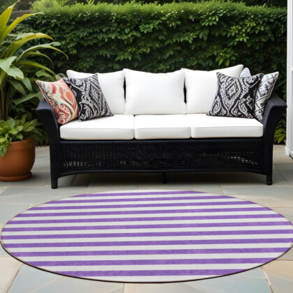 8' Round Purple and White Round Striped Washable Non Skid Indoor Outdoor Area Rug