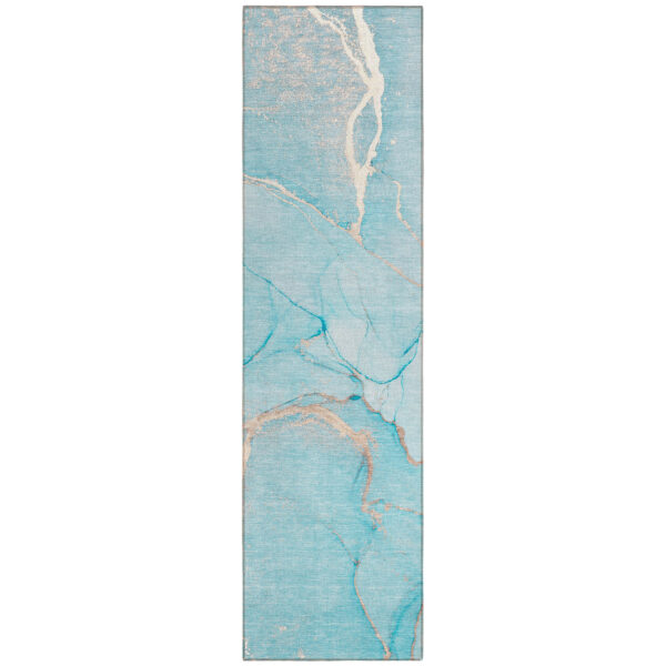 8' Runner Teal Abstract Washable Non Skid Indoor Outdoor Runner Rug