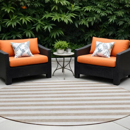 8' X 8' Taupe and White Round Striped Washable Indoor Outdoor Area Rug
