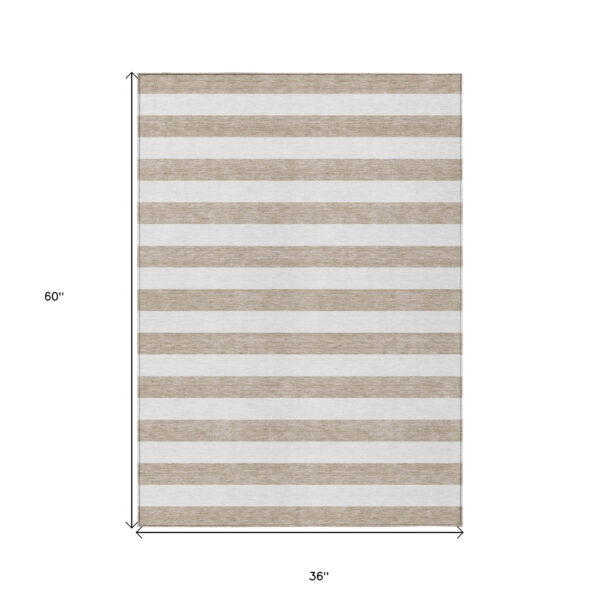 3' X 5' Taupe and White Striped Washable Indoor Outdoor Area Rug