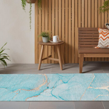 8' Runner Teal Abstract Washable Non Skid Indoor Outdoor Runner Rug