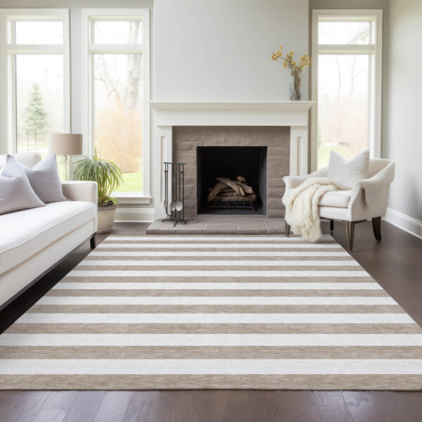 3' X 5' Taupe and White Striped Washable Indoor Outdoor Area Rug