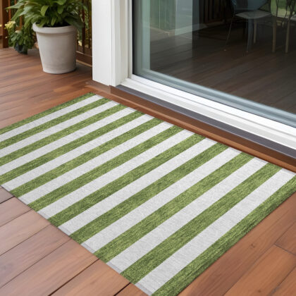 2' X 3' Olive Green Striped Washable Non Skid Indoor Outdoor Area Rug