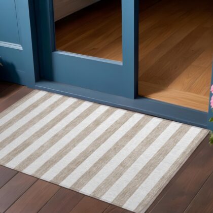 3' X 5' Taupe and White Striped Washable Indoor Outdoor Area Rug