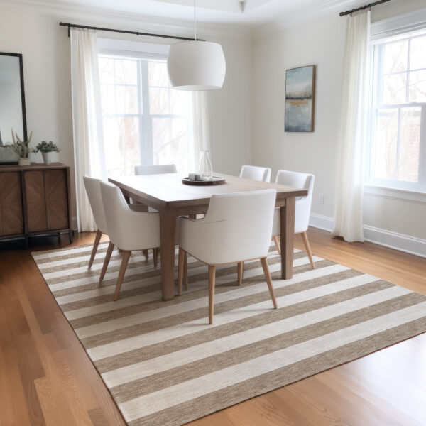 3' X 5' Taupe and White Striped Washable Indoor Outdoor Area Rug
