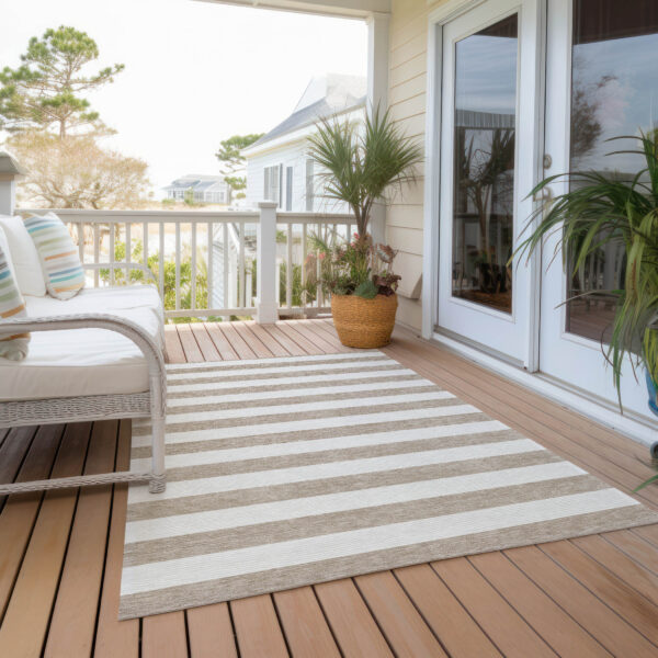 3' X 5' Taupe and White Striped Washable Indoor Outdoor Area Rug