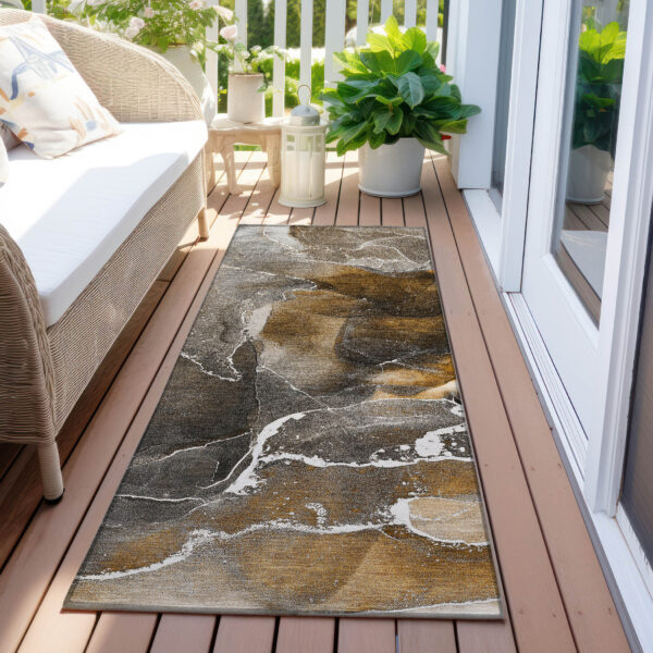 8' Runner Brown and Gray Abstract Washable Non Skid Indoor Outdoor Runner Rug