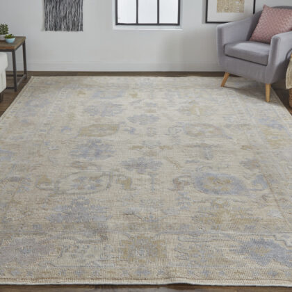 12' X 15' Beige and Blue Medallion Distressed Indoor Outdoor Area Rug