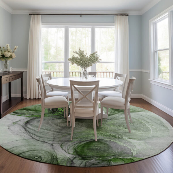 8' Round Olive Green Round Abstract Washable Non Skid Indoor Outdoor Area Rug