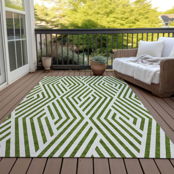 8' X 10' Lime Green and White Geometric Washable Non Skid Indoor Outdoor Area Rug