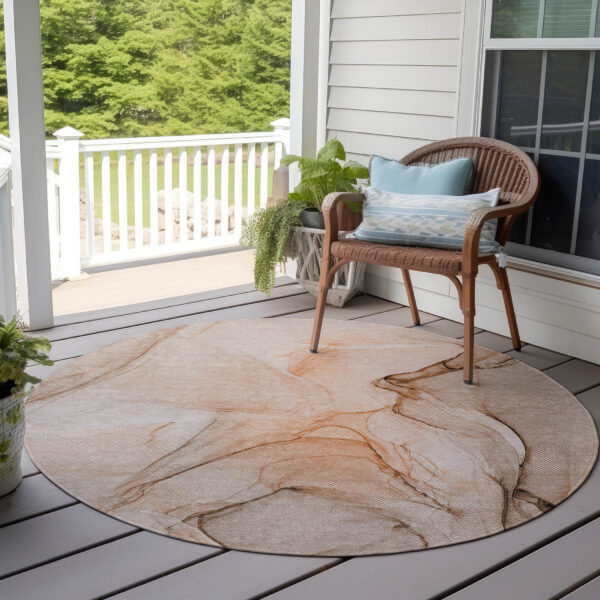 8' Round Gray and Orange Round Abstract Washable Non Skid Indoor Outdoor Area Rug