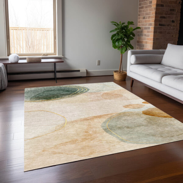 8' X 10' Beige and Green Abstract Washable Non Skid Indoor Outdoor Area Rug