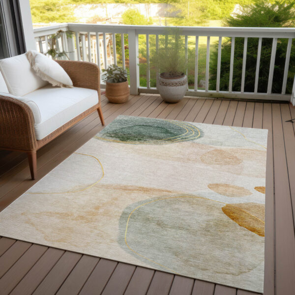 8' X 10' Beige and Green Abstract Washable Non Skid Indoor Outdoor Area Rug