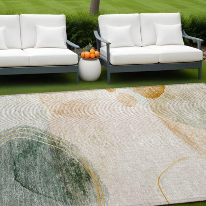 8' X 10' Beige and Green Abstract Washable Non Skid Indoor Outdoor Area Rug