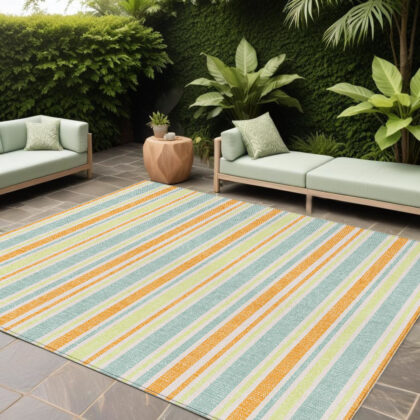 8' X 10' Orange Striped Washable Non Skid Indoor Outdoor Area Rug
