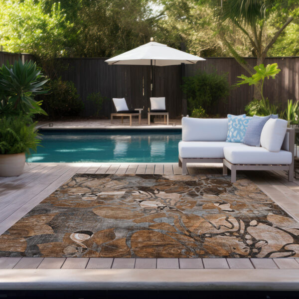 10' X 14' Chocolate Terracotta and Ivory Abstract Washable Indoor Outdoor Area Rug