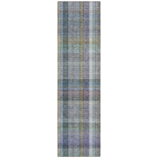 2' X 8' Blue Gray and Green Plaid Washable Non Skid Indoor Outdoor Area Rug