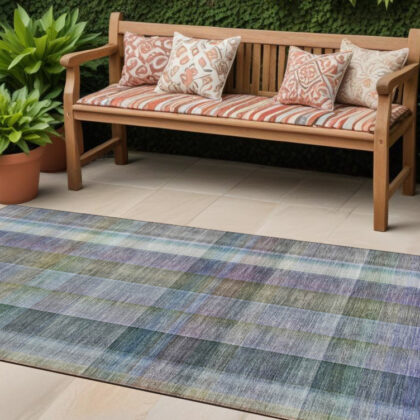 2' X 8' Blue Gray and Green Plaid Washable Non Skid Indoor Outdoor Area Rug