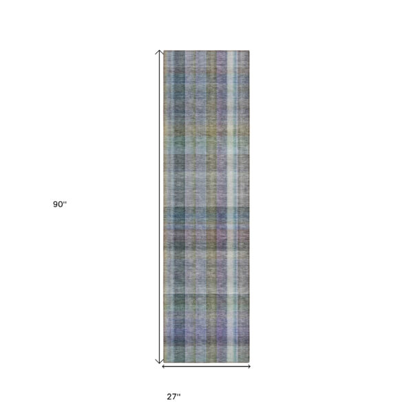 2' X 8' Blue Gray and Green Plaid Washable Non Skid Indoor Outdoor Area Rug