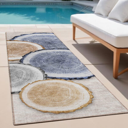 8' Runner Beige Blue and Gold Faux Bois Washable Non Skid Indoor Outdoor Runner Rug