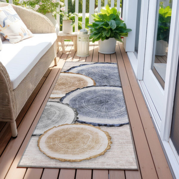 8' Runner Beige Blue and Gold Faux Bois Washable Non Skid Indoor Outdoor Runner Rug