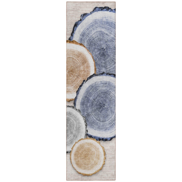 8' Runner Beige Blue and Gold Faux Bois Washable Non Skid Indoor Outdoor Runner Rug