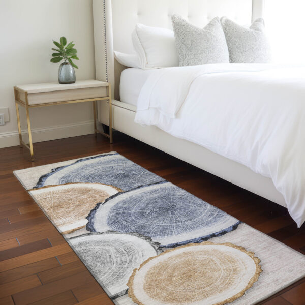 8' Runner Beige Blue and Gold Faux Bois Washable Non Skid Indoor Outdoor Runner Rug