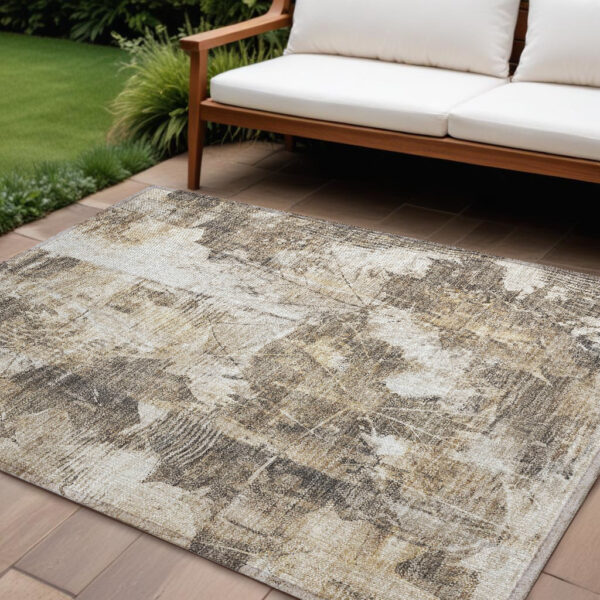 9' X 12' Taupe and Ivory Floral Washable Non Skid Indoor Outdoor Area Rug