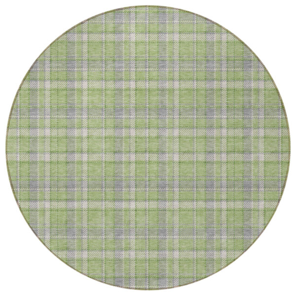 8' Round Green and Gray Round Plaid Washable Non Skid Indoor Outdoor Area Rug
