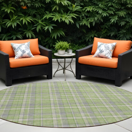 8' Round Green and Gray Round Plaid Washable Non Skid Indoor Outdoor Area Rug
