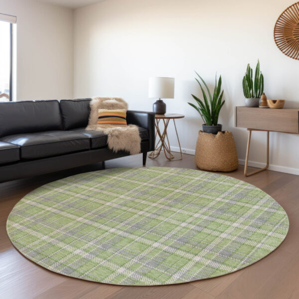 8' Round Green and Gray Round Plaid Washable Non Skid Indoor Outdoor Area Rug