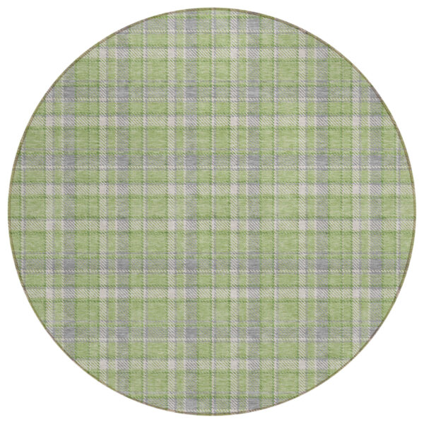 8' Round Green and Gray Round Plaid Washable Non Skid Indoor Outdoor Area Rug
