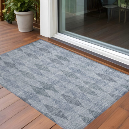 3' X 5' Denim Blue Geometric Washable Non Skid Indoor Outdoor Area Rug