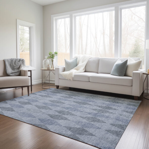 3' X 5' Denim Blue Geometric Washable Non Skid Indoor Outdoor Area Rug