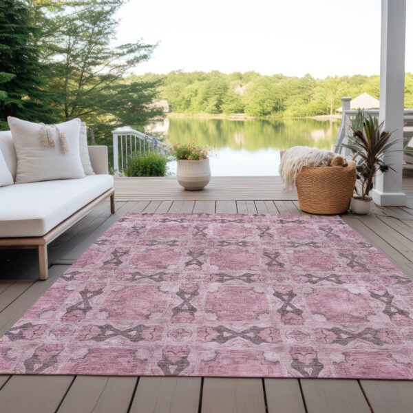 8' X 10' Pink Floral Medallion Washable Non Skid Indoor Outdoor Area Rug