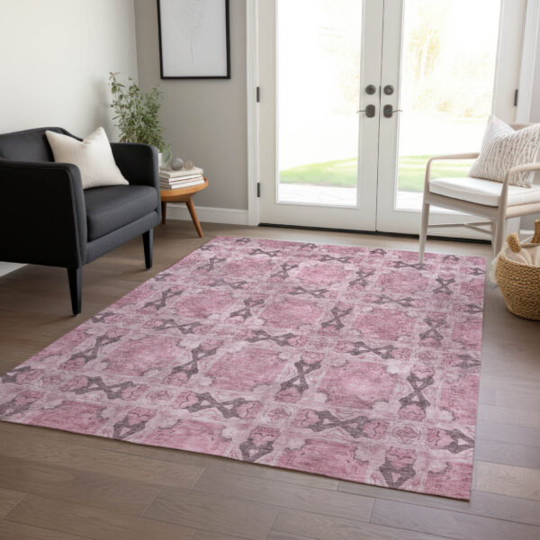 8' X 10' Pink Floral Medallion Washable Non Skid Indoor Outdoor Area Rug