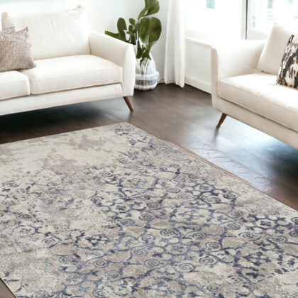 10' x 13' Blue and Ivory Oriental Distressed Area Rug