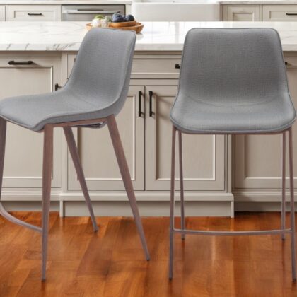 Set of Two 26" Slate Gray and Brown Faux Leather and Steel Counter Height Bar Chairs