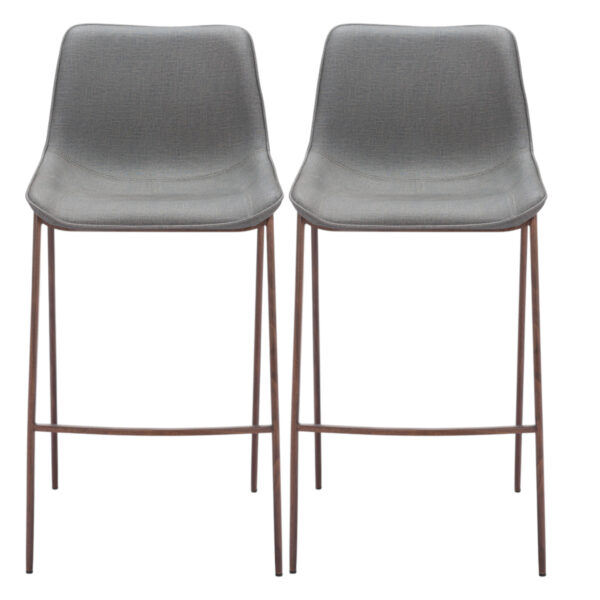 Set of Two 26" Slate Gray and Brown Faux Leather and Steel Counter Height Bar Chairs