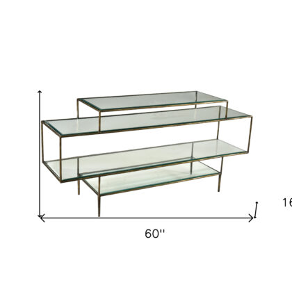 60" Clear and Gold Glass Floor Shelf Console Table With Storage