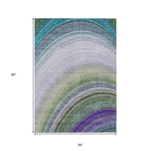 3' X 5' Teal Blue Artichoke Green And Green Abstract Washable Indoor Outdoor Area Rug
