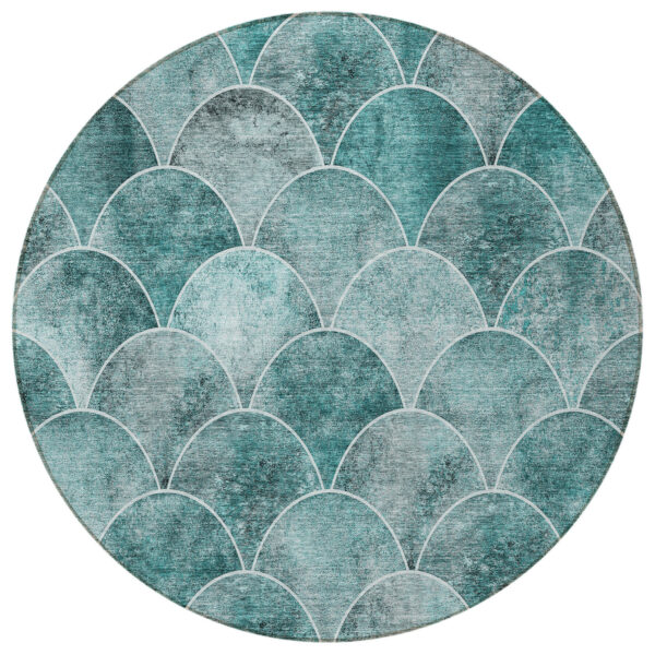 8' Teal Blue Aqua And Gray Round Abstract Washable Indoor Outdoor Area Rug