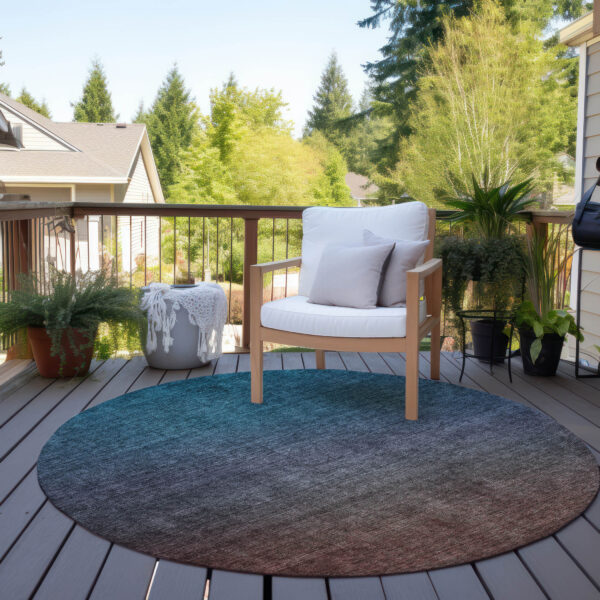 8' Teal Blue Chocolate And Charcoal Round Ombre Washable Indoor Outdoor Area Rug