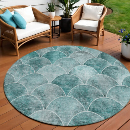 8' Teal Blue Aqua And Gray Round Abstract Washable Indoor Outdoor Area Rug