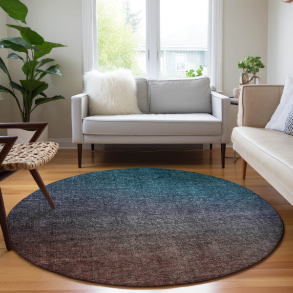 8' Teal Blue Chocolate And Charcoal Round Ombre Washable Indoor Outdoor Area Rug