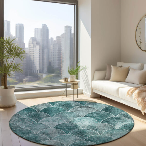 8' Teal Blue Aqua And Gray Round Abstract Washable Indoor Outdoor Area Rug