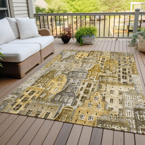 10' X 14' Brown Taupe And Gold Village Houses Washable Indoor Outdoor Area Rug