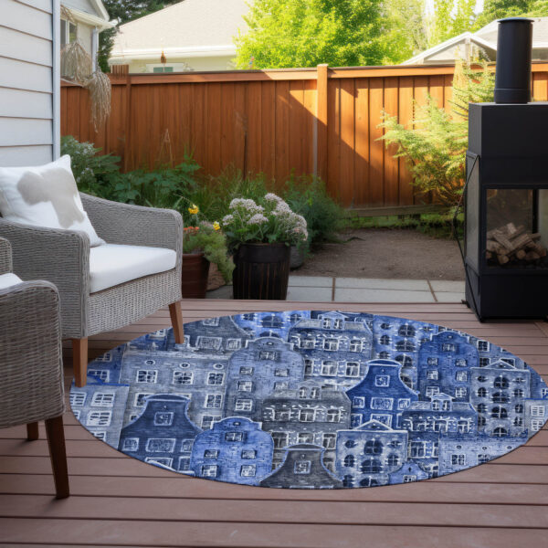 8' Navy Blue And Sky Blue Round Village Houses Washable Indoor Outdoor Area Rug
